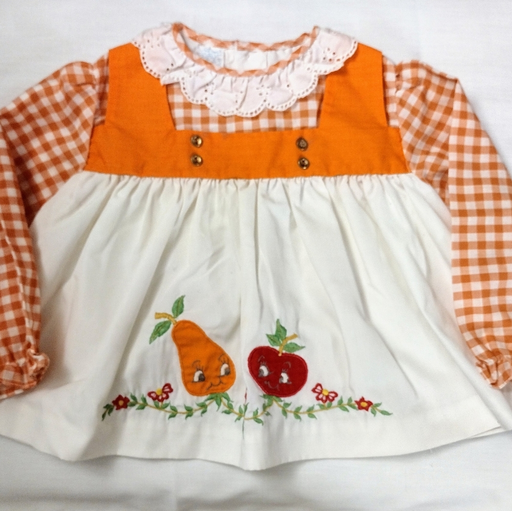 Vtg Infant Baby Girls Orange White Gingham Check Dress Embroidered Sz See Msmts.
